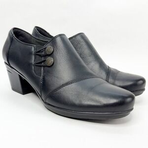 Clarks Collection Black Leather Button Zip Shooties Block Heel Womens 9 M